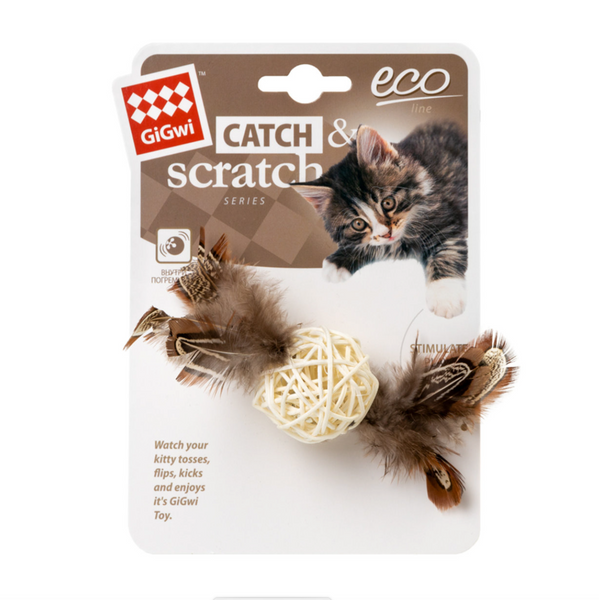 Игрушка для кошек - плетеный мячик с колокольчиком и перьями GIGWI CATCH&SCRATCH 75047 фото